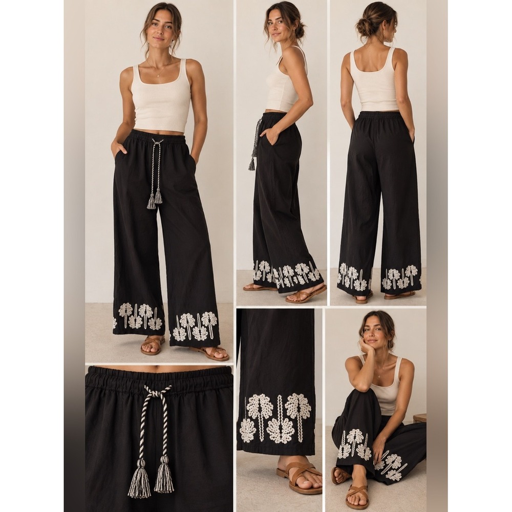 Rails Emmie Hem Embroidered Black Wide-Leg Cotton Pants with Tassel Drawstring